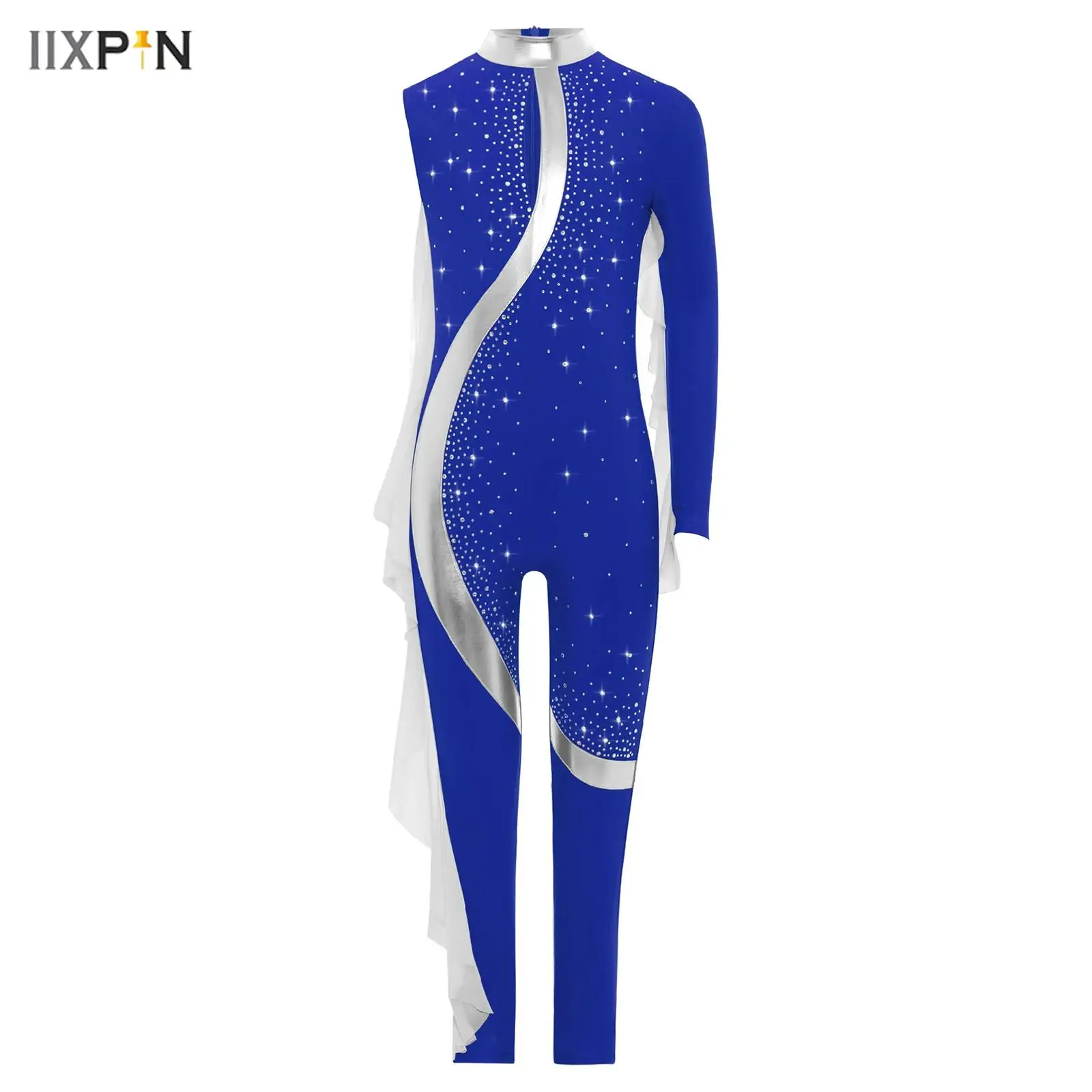 

Kids Girls Acrobatics Gymnastics Dance Jumpsuit Asymmetrical Long Sleeve Shiny Rhinestones Zipper Full Body Leotard Dance Romper