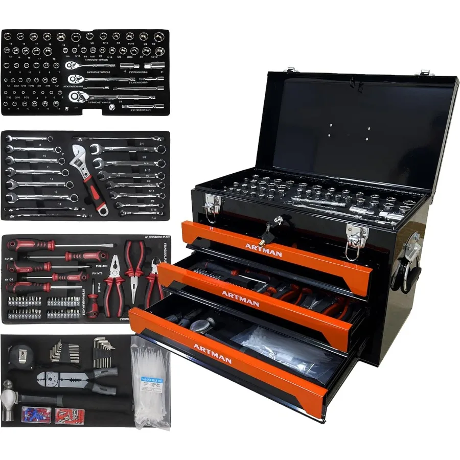 

439PCS Mechanic Tool Set for Home Use with 4Tier Socket Wrench Ratchet Plier Nails 3Drawer Organizer Storage Box for Adults and