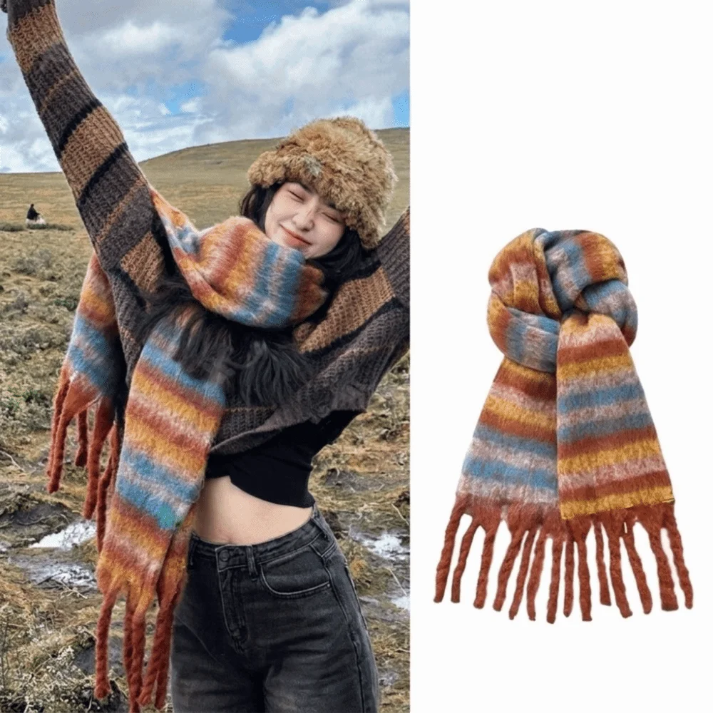 Elegant Rainbow Stripe Wool Scarf Tassel Mohair Winter Cashmere Scarves Warm Solid Color Long Shawl Student