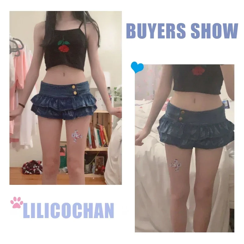 Japans meisje geplooide super mini denim rokken lage taille een lijn knop rok effen nachtclub feestkleding rok punk stijl lolita N U