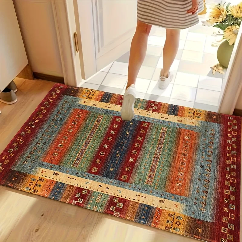 VIKAMA Bohemian Tribal Striped Area Rug,Non‑Slip Mat,Multicolor Vintage Geometric Carpet Living Room Bedroom Indoor Home Decor