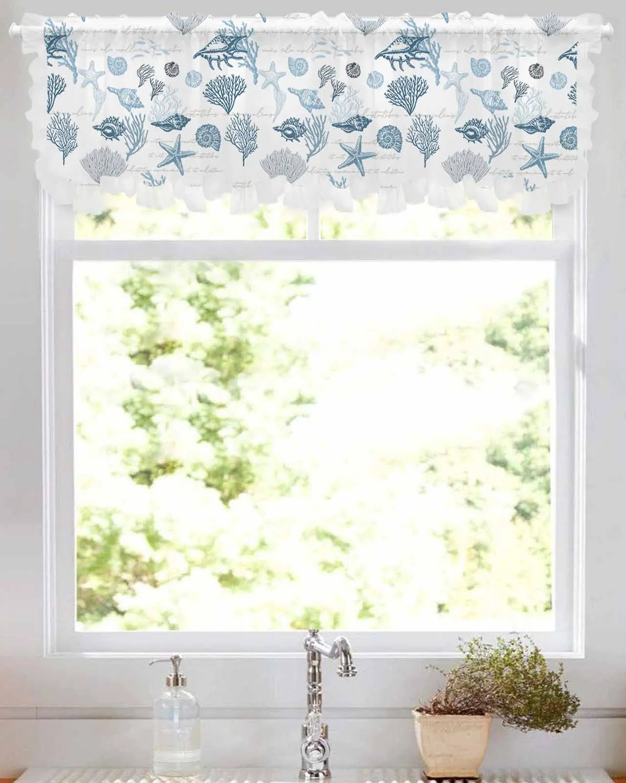 Starfish And Shells Coral Retro Short Tulle Half Curtains for Living Room Kitchen Door Cafe Window Sheer Valance Drapes