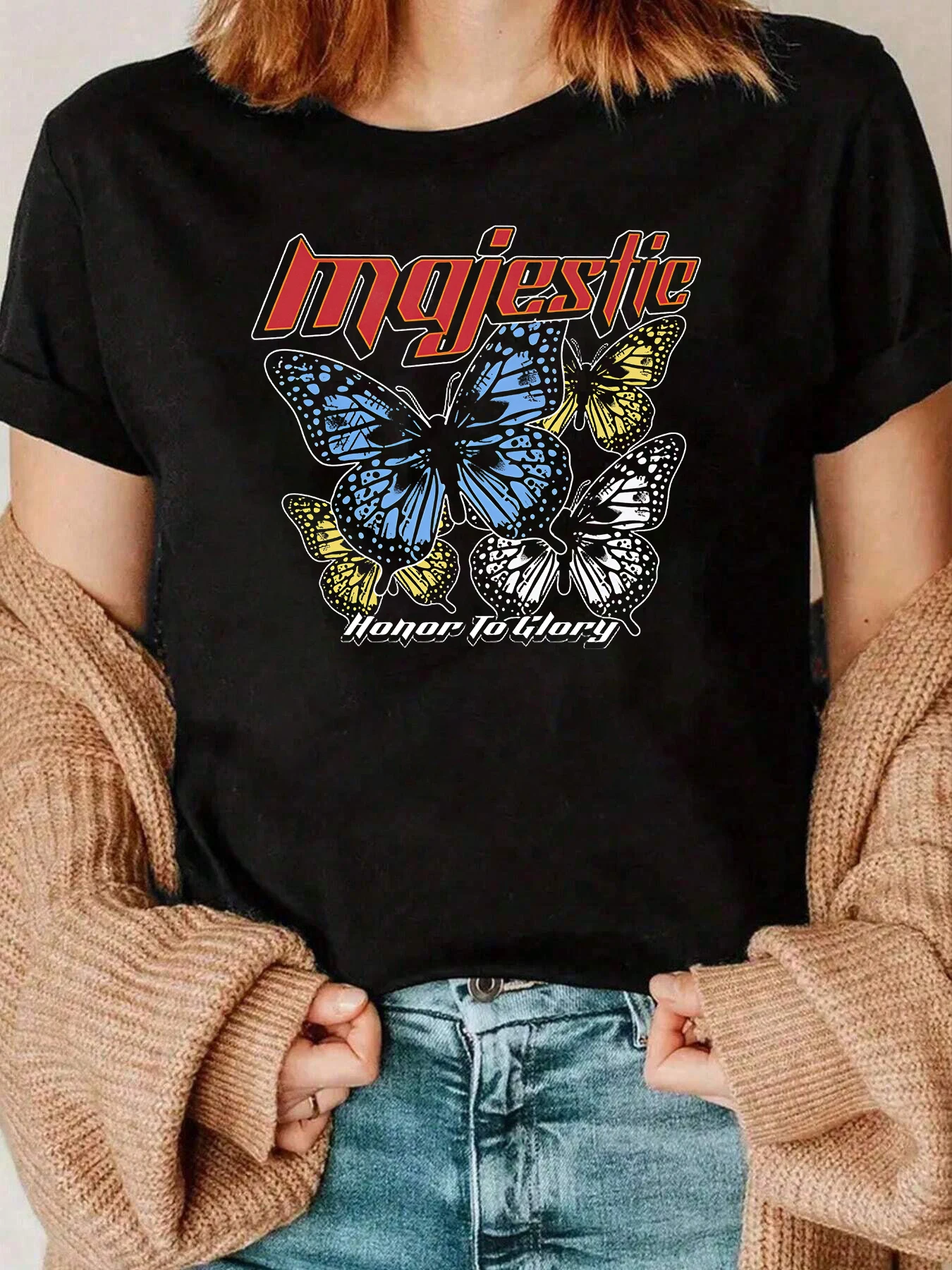 تي شيرت Majestic Butterfly Honor To Glory مطبوع عليه مهرجان ملابس غير رسمية للنساء 220 جرام