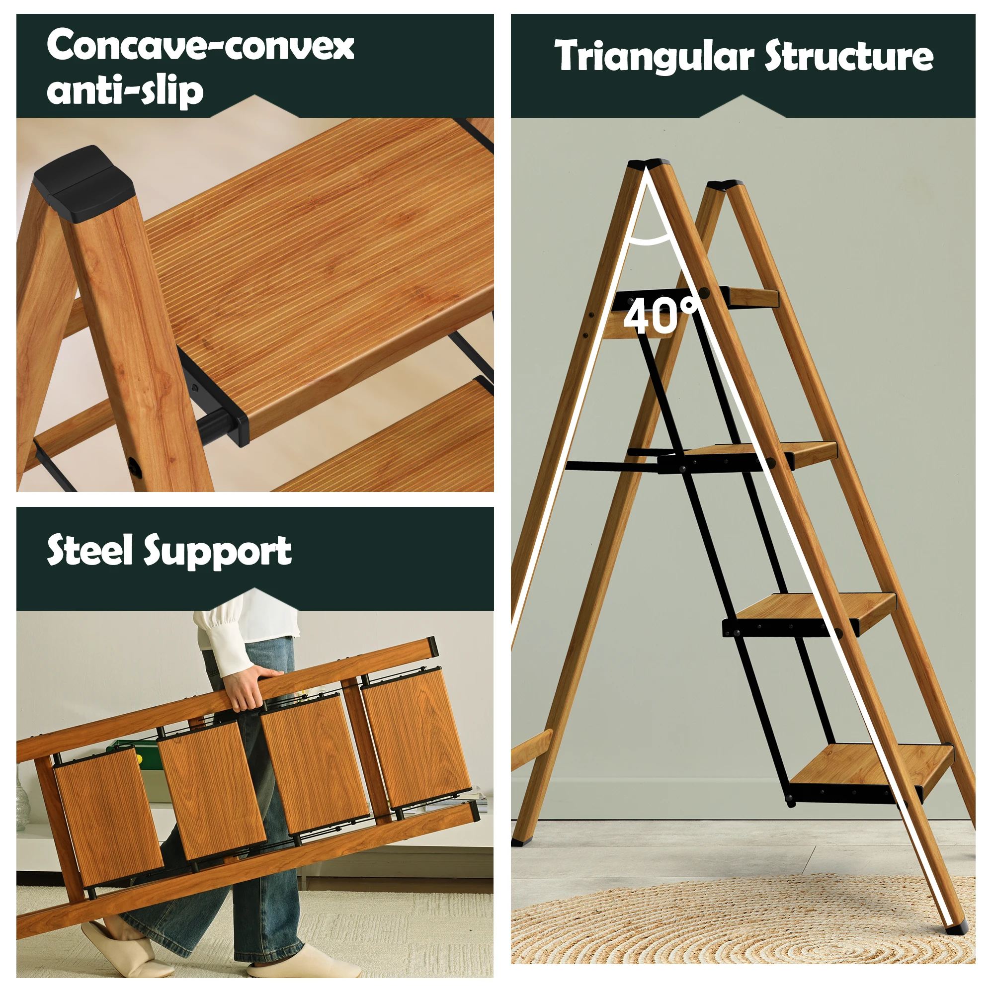 Modern Designed 4-Step Folding Wooden Step Stool with Wide Pedal for Home and Kitchen Space Saving