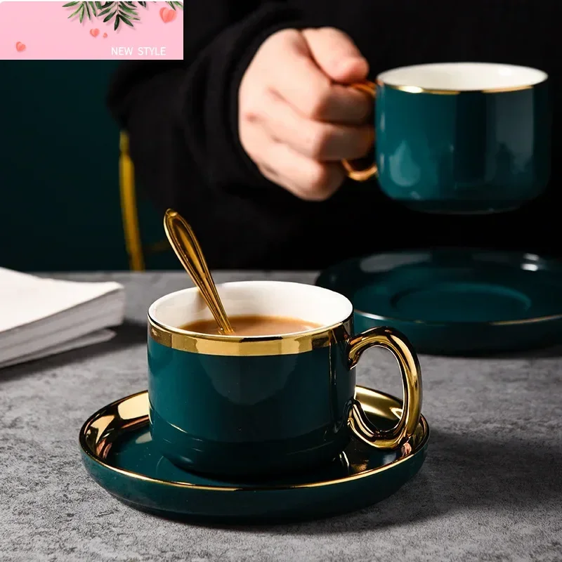 

Ceramic Coffee Cup Teacup Saucer Set Gold Trim Green Porcelain Coffee Milk Cup 200ml
