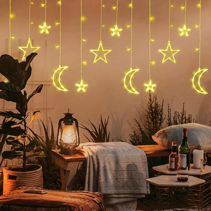 Luci a corda per tende a forma di stella lunare a LED alimentate tramite USB Lampada da atmosfera romantica sospesa calda/multicolore per decorazioni per Ramadan per feste al coperto