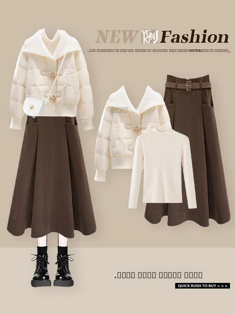 

Корейский зимний теплый хлопковый костюм с воротником-стойкой, комплект новой моды, свободная простая утягивающая юбка с высокой талией, комплект футболок