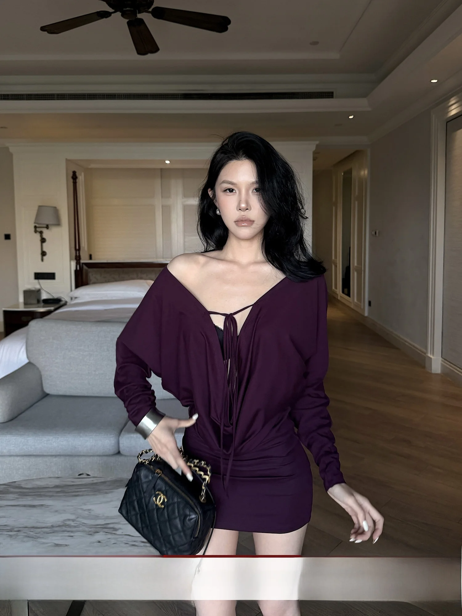 

Hydrae Purple Deep V Ne Wrap Dr Women's Front Ba Two Wear Design Slimming Waist Batwing Sve Long Dr for Par