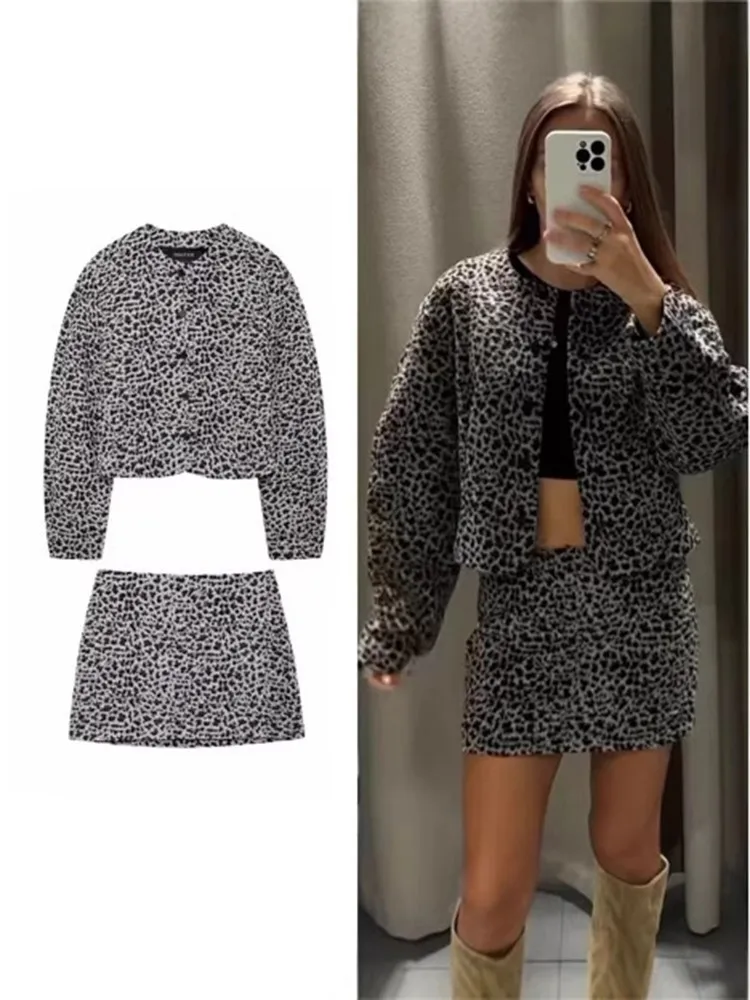 Animal Print Skirts Sets Women 2024 New Autumn Winter Office Lady 2 Piece Set Single Breasted Long Sleeve Jacket Coat+Mini Skirt