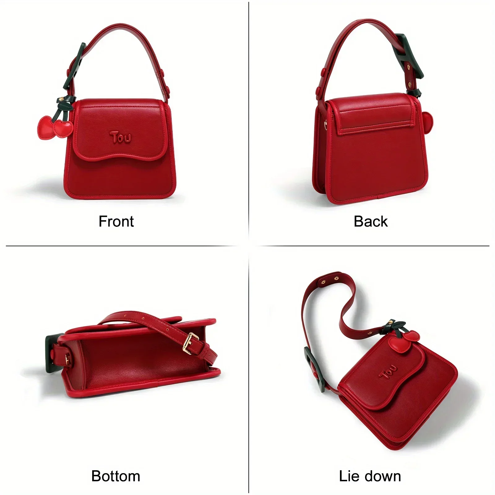 TOUTOU Cherry Small Square Bag Red Small Shoulder Bag Adjustable Strap Leather Crossbody Fashion Female Handbag Makeup Replica