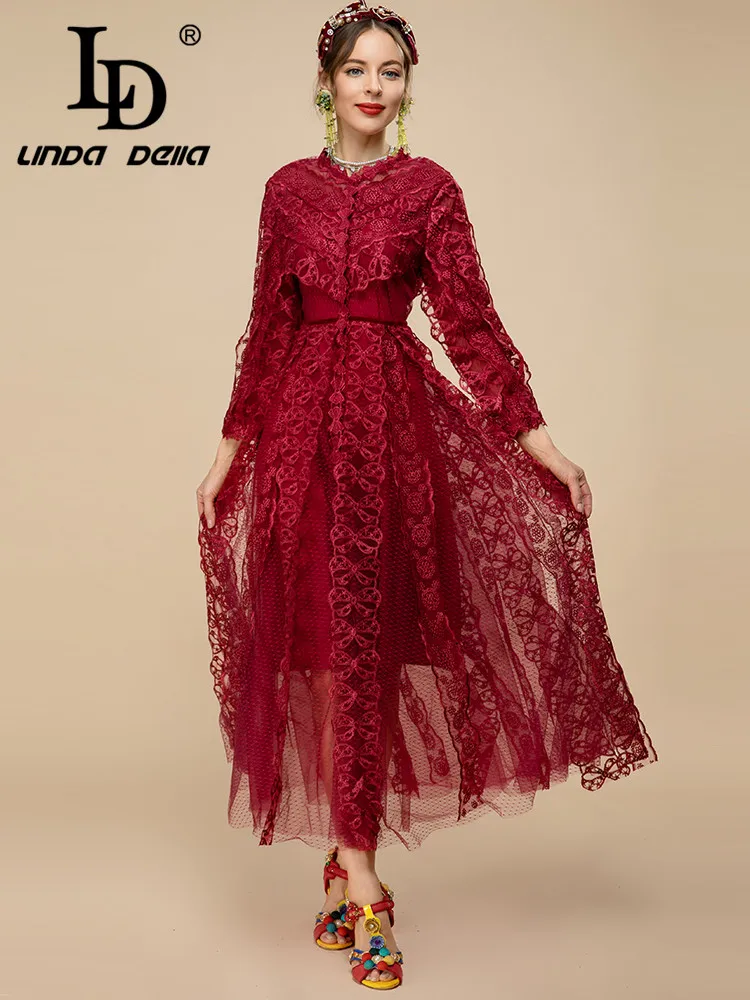 LD LINDA DELLA Spring Runway Vintage Red Mesh Dress Women Long sleeve Lace Patchwork Embroidery Fashion Long Party Dress