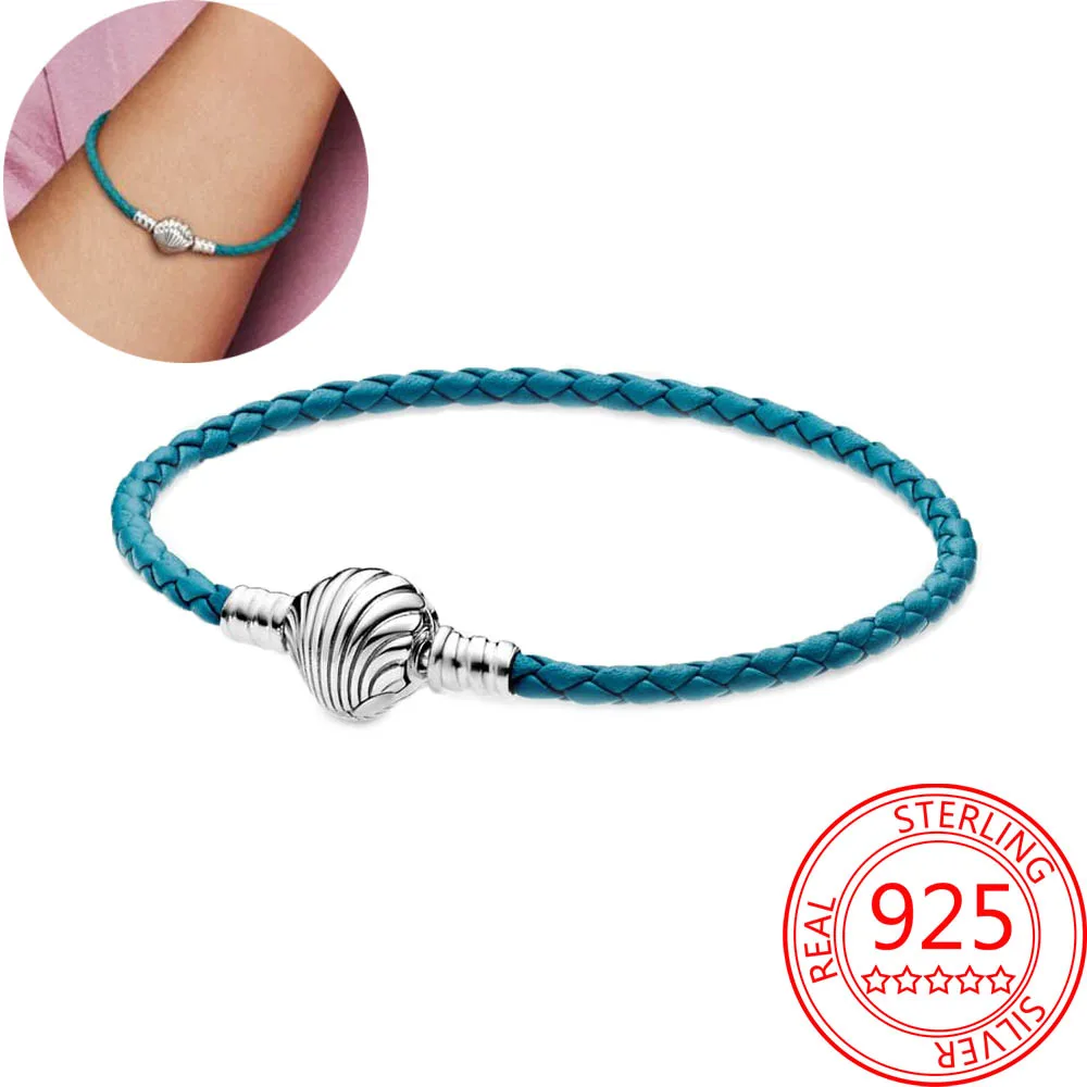 

Hawaiian Style 925 Sterling Silver Sea Shells Turquoise Braided Leather Bracelet Girlfriend's Love Gift