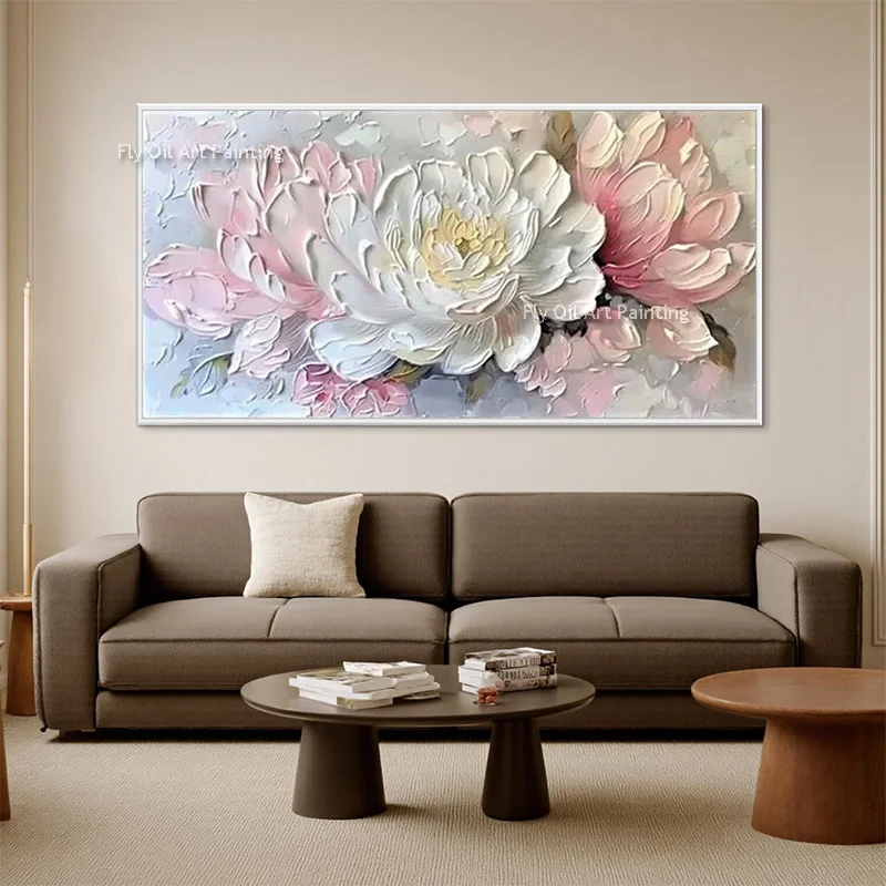 Hand Painted New Fashion Design Wall Art White Pink Knife Thick Flowers Canvas Oil Painting Specail Golden Yellow Art For Room