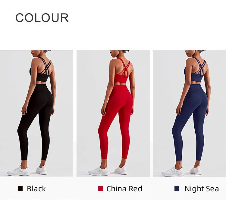 2-teiliges Damen-Set aus einfarbigem Cross-BH und High-Waist-Yogahose, bequem, atmungsaktiv, für Fitness, Training, Radfahren und Yoga. – Detail 4