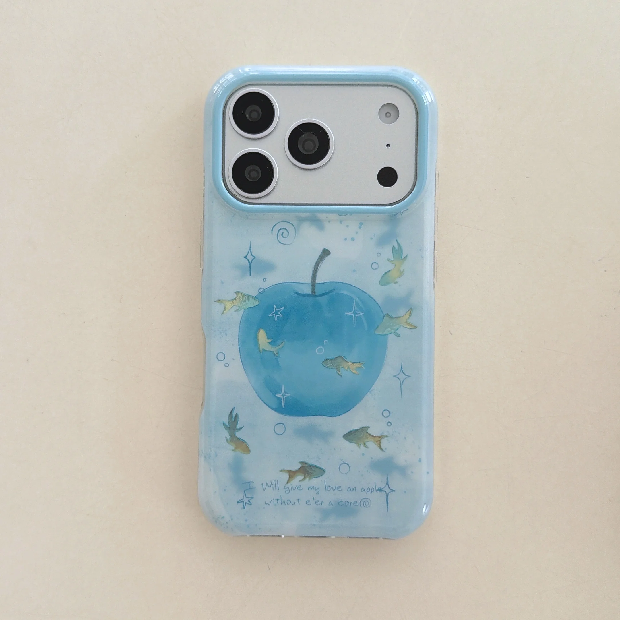 Blaue Aquarell-Apfel- & Fisch-Motiv Glänzende, Stoßfeste, Schlanke Handyhülle für iPhone 17 16 15 14 11 12 13 Pro Max Plus Rückseite