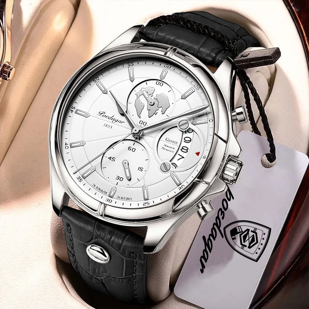 POEDAGAR Functional Man Watch Chronograph Date Waterproof Leather Watches For Men Brand Male Wristwatch Men's Quartz Watch Reloj