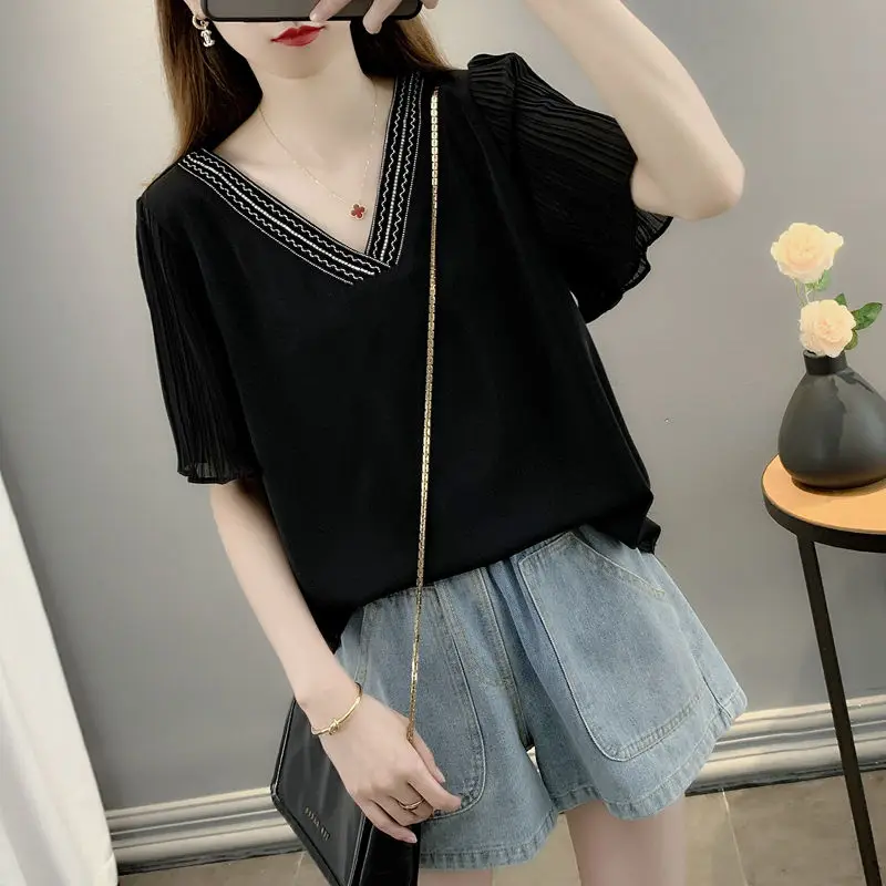 Fashion V-hals Spliced Plooien Flare Mouw Blouse Vrouwen Kleding 2023 Zomer Nieuwe Oversized Casual Truien Office Lady Shirt