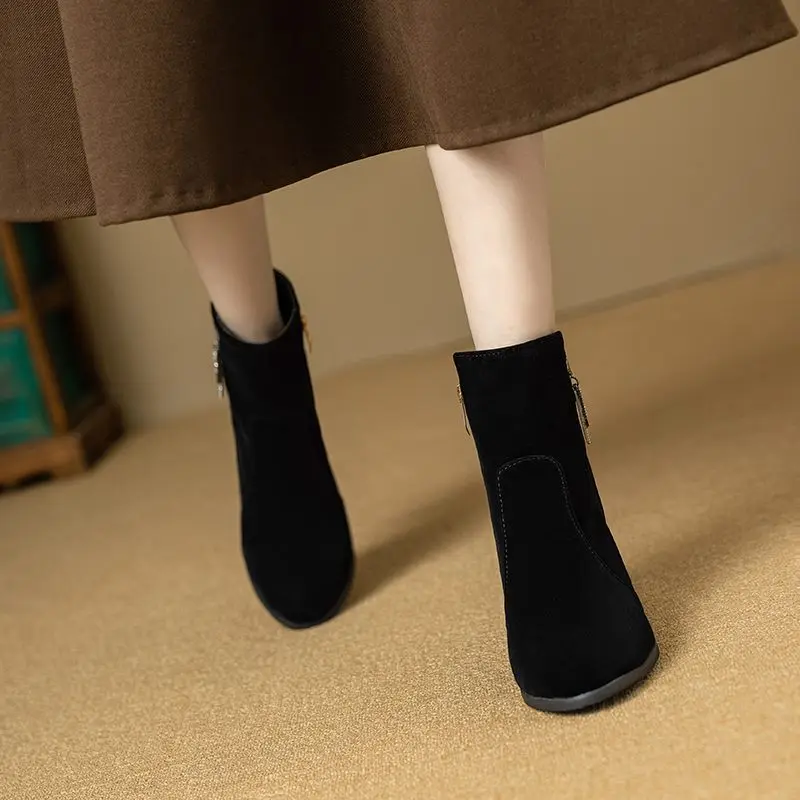 ASILETO Mature Female Ankle Boots Round Toe Chunky Heels 7.5cm Zipper Metal Decoration Plus Size 50 51 52 Women Wedding Bota