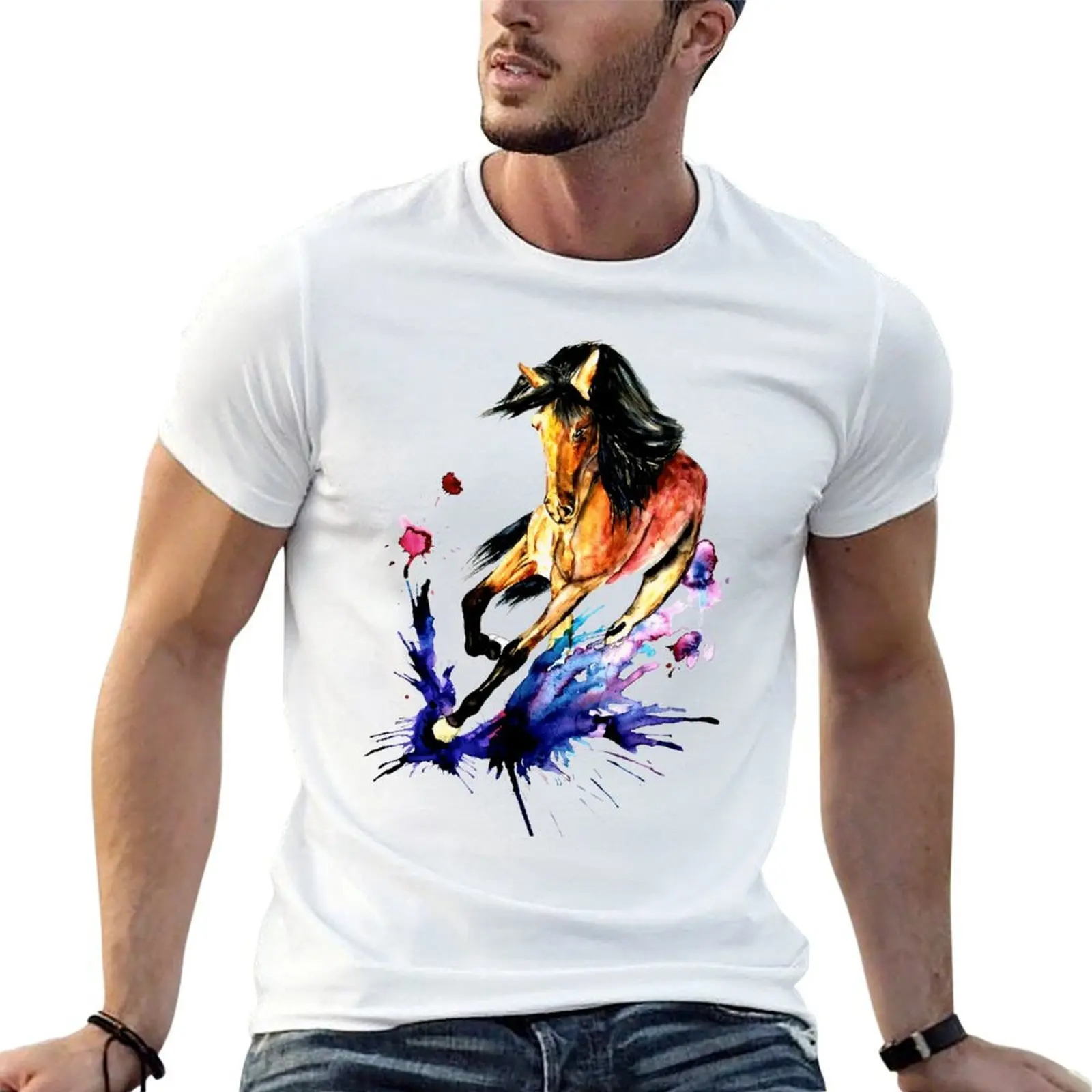 

running horse watercolor T-Shirt man t shirt summer t shirts for man graphic tees T-Shirt