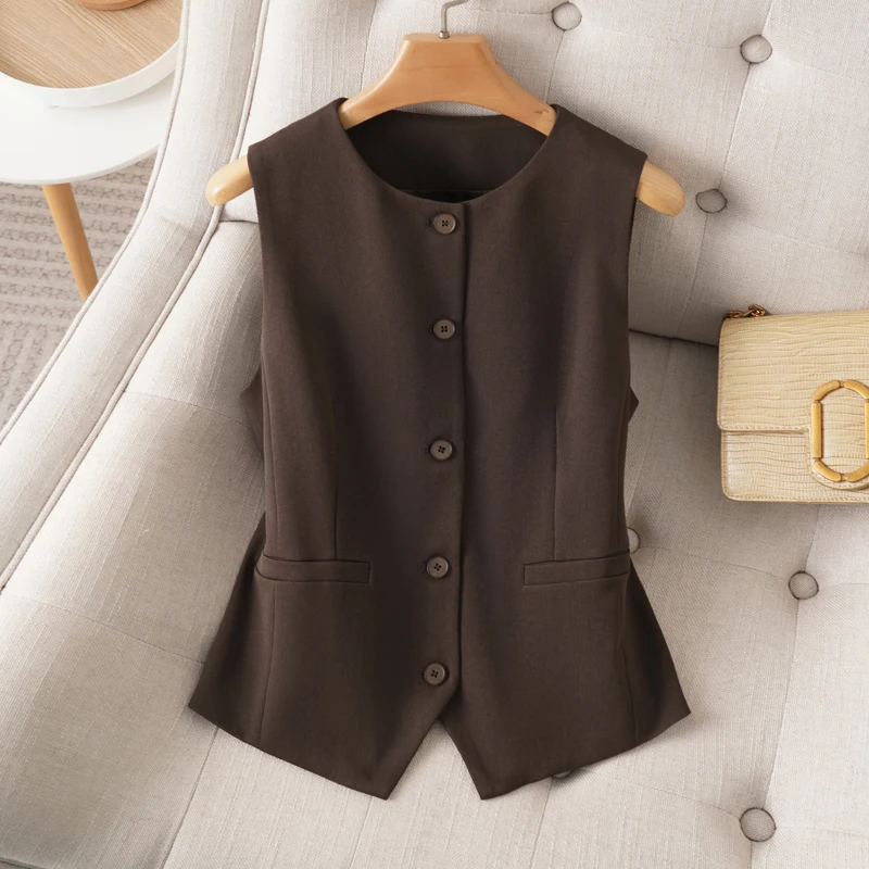 Fashionable Round Neck Sleeveless Suit Vest for Women Spring and Autum Single-Breasted Short Vest Elegant Women's Top Outer Wear