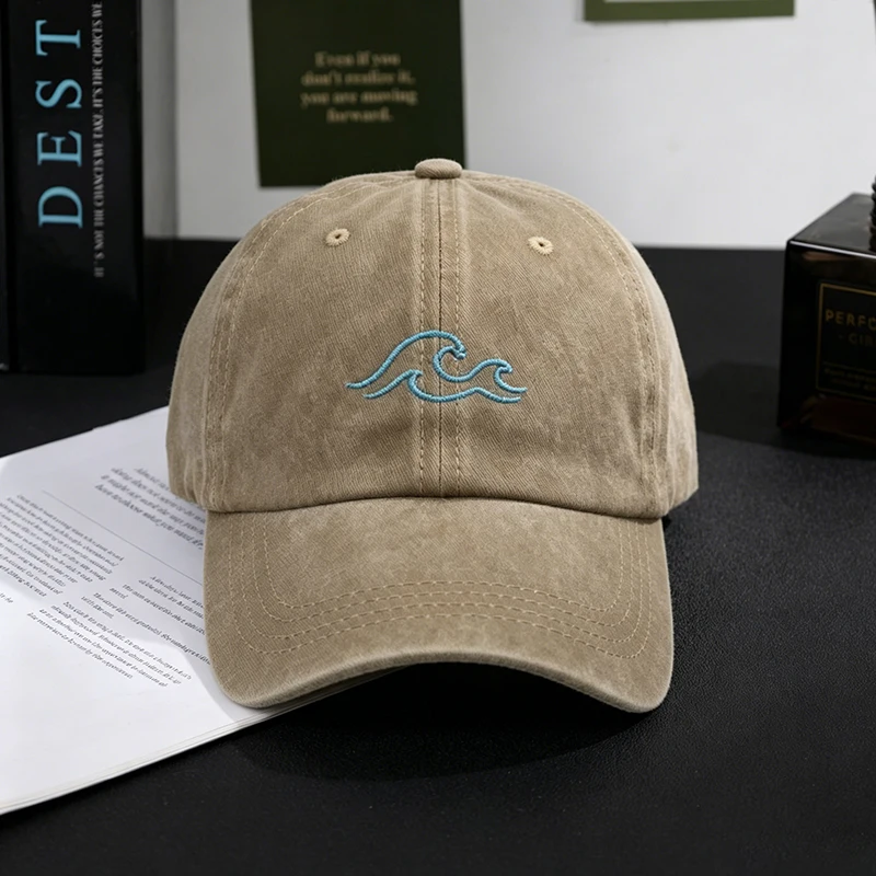 Wave Embroidery Washed Baseball Cap Minimalist Unisex Refreshing Peaked Hat for Summer Beach Vacation Daily Travel