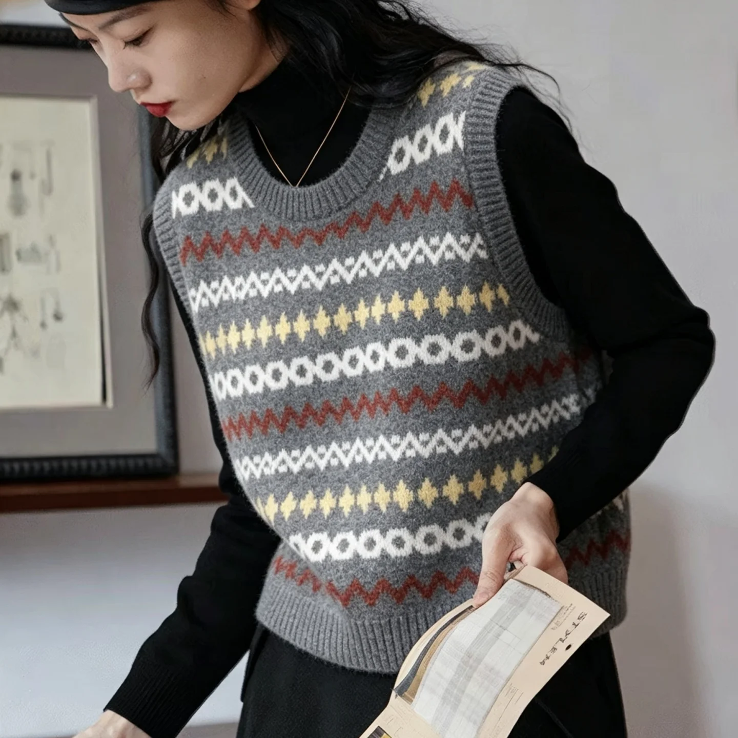 Women Slim Soft Knit Sweater Base Layer Top Autumn Winter New French Fake Two‑Piece Unique Inner Wear Blouse