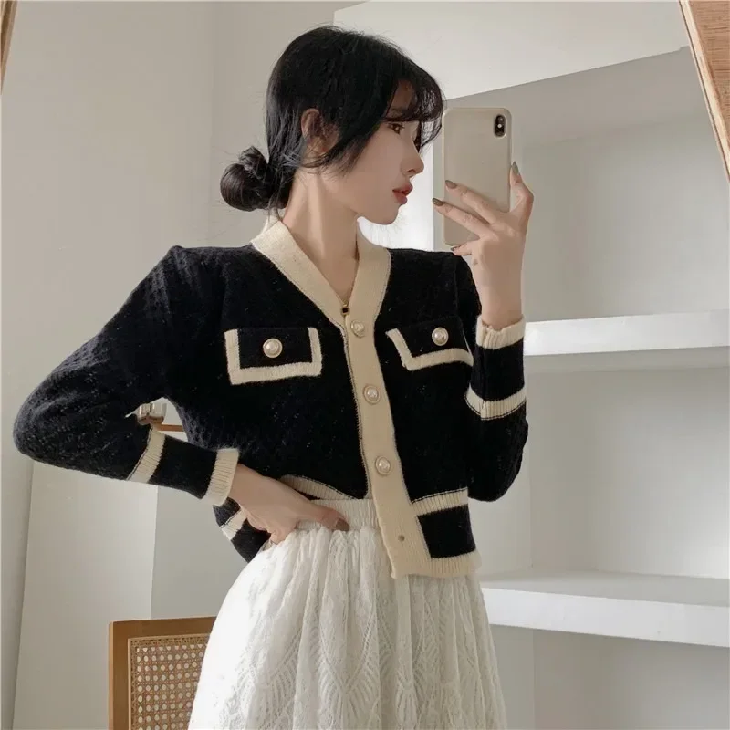 OCEANLOVE Short Cardigans Women V Neck Office Lady Vintage Korean Elegant Sweaters Contrast Color Autumn Winter Chaquetas