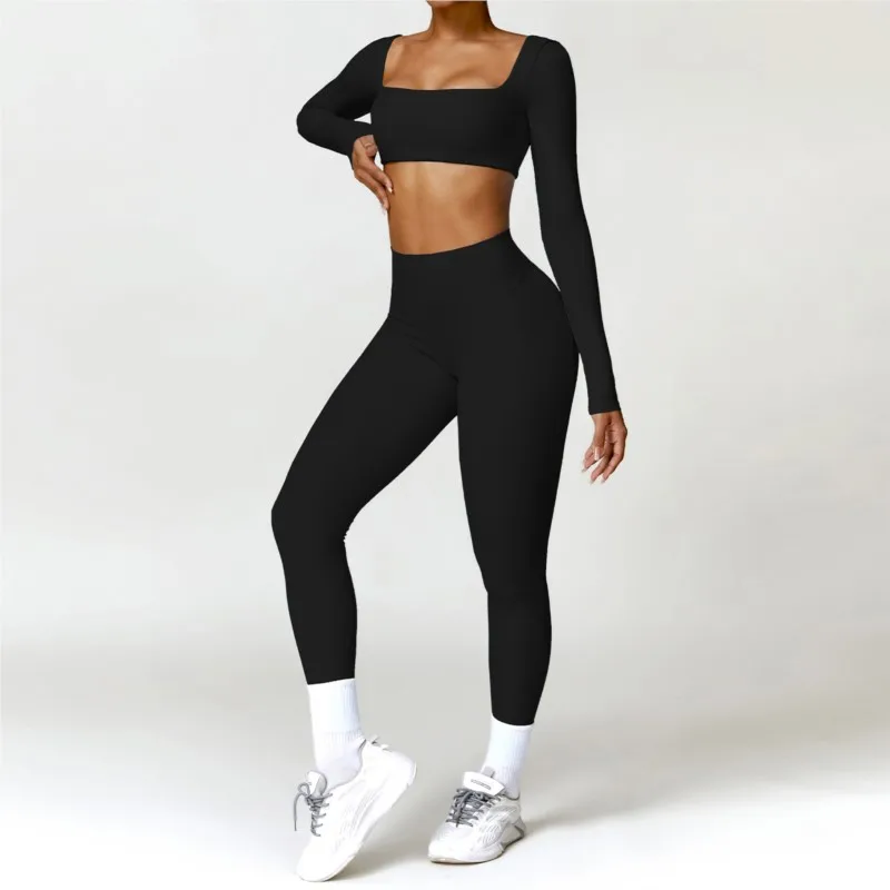 Chándal para mujer, conjunto de Yoga, ropa deportiva de 2 uds., ropa de entrenamiento, ropa atlética, Legging para gimnasio, sujetador de Fitness, Top corto, trajes deportivos de manga larga