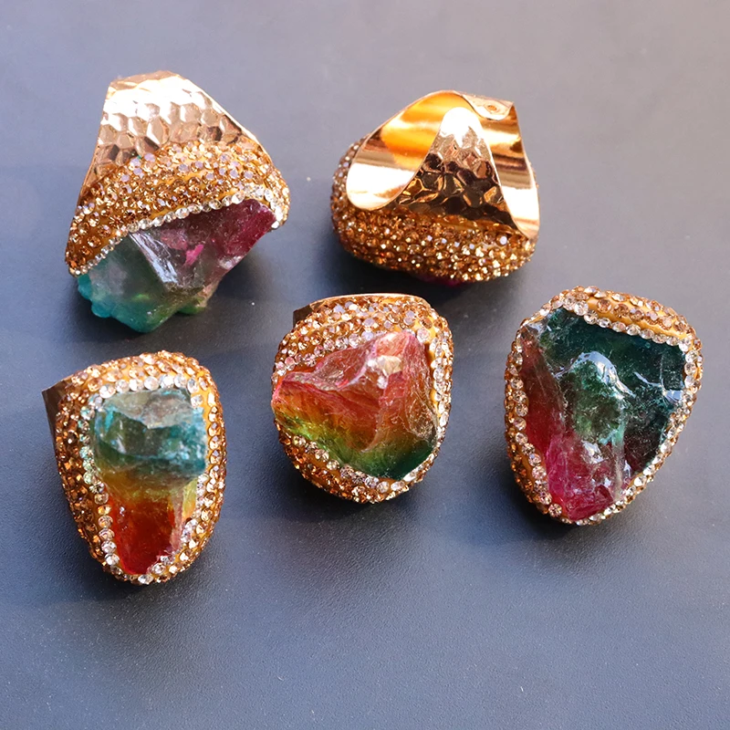 Irregular Rainbow Crystal Open Rings for Women Boho Micro Inlay Reiki Natural Stone Ring Wedding Jewelry with Tourmaline