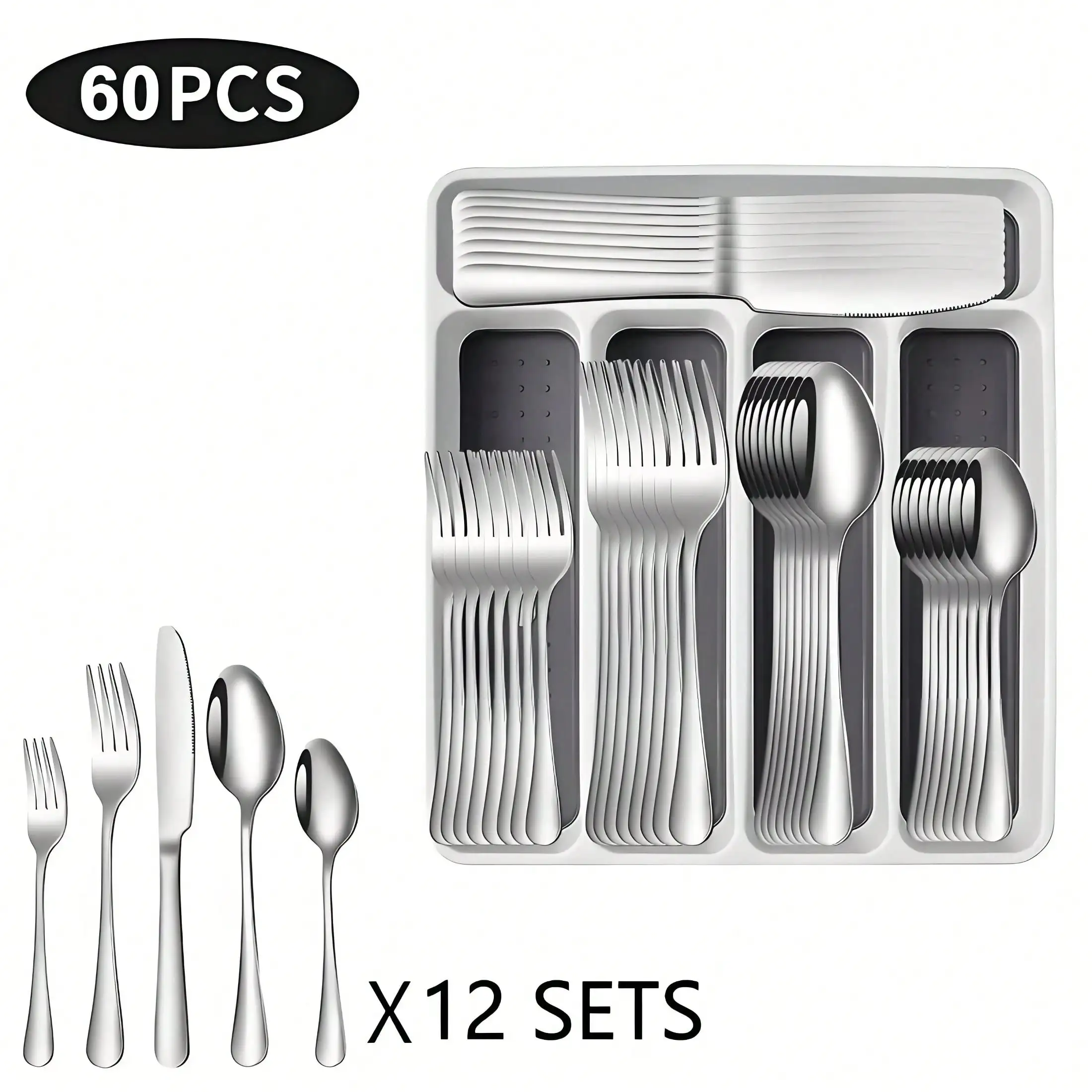 

Color 30/60pcs Silverware Sets With Organizer,, Service For 6/12 Person,Includes Knives Spoon And Fork Sets For Kitchen Accessories,Stainless Steel Tableware Flatware Sets,Cutlery Sets Eating Utensils Sets