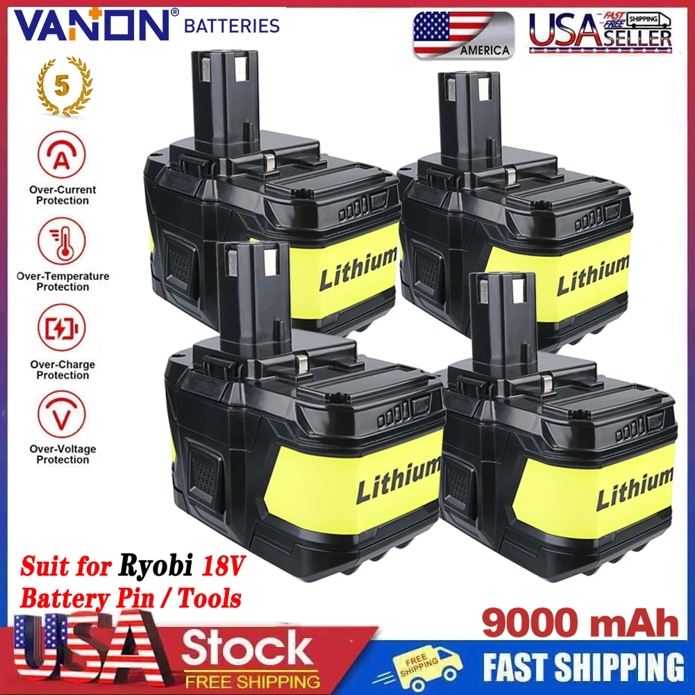 

VANON 1/2/4Pcs P109 9.0Ah Li-on Replace for Ryobi 18V Battery Pin P102 P103 P104 P108 Compatible for Ryobi 18V Cordless Tools