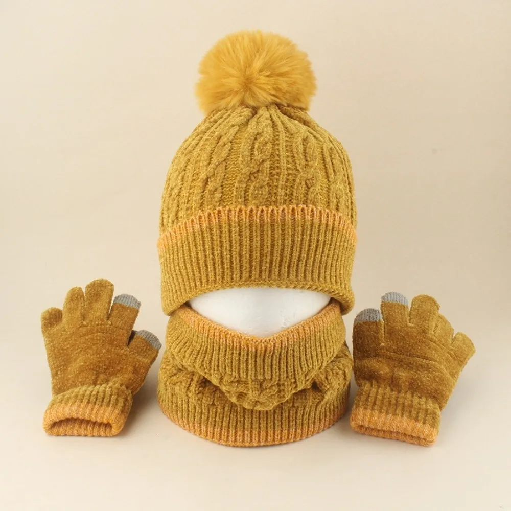 Thick Thicken Knitted Hat Set Windproof Toddler Winter Hat Three Piece Set Knitted Pompom Hat Set Autumn And Winter