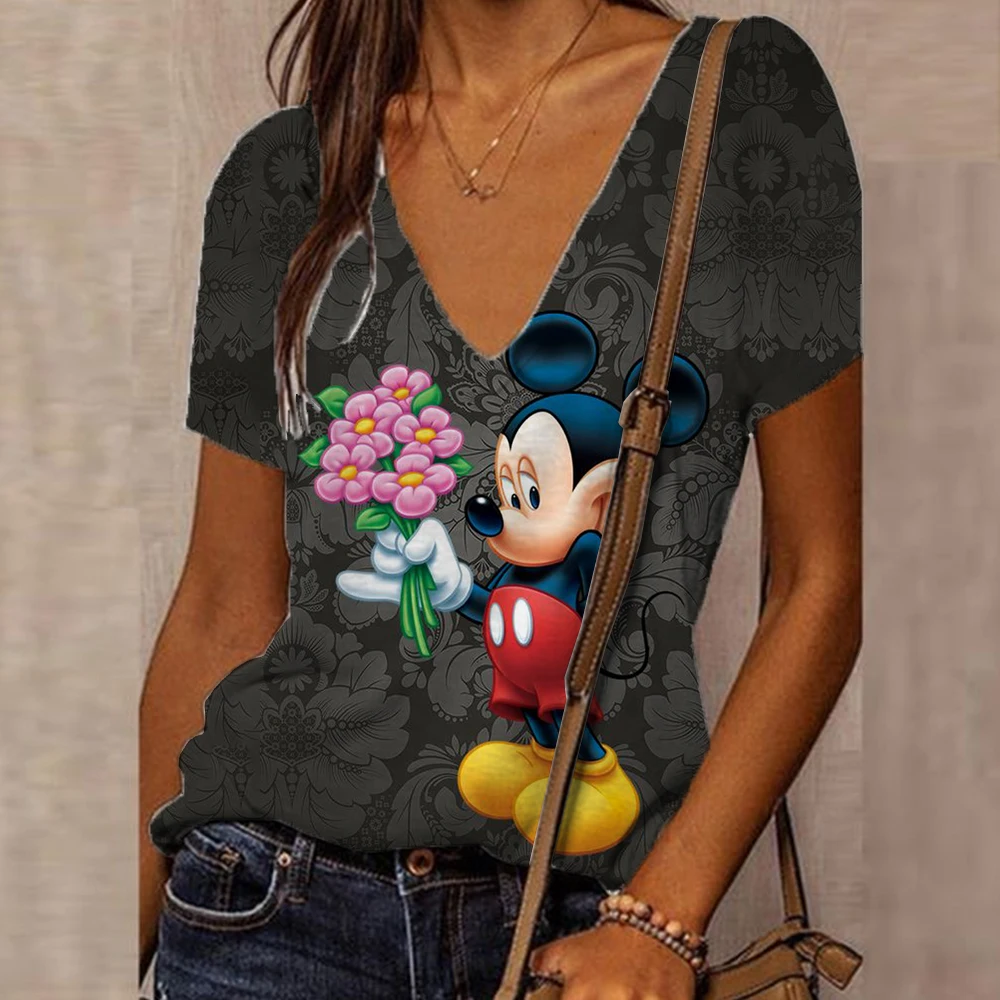 Disney Mickey Mouse 3D stampa scollo a v manica corta t-shirt Oversize da donna t-shirt moda per donna estate Y2k donna top