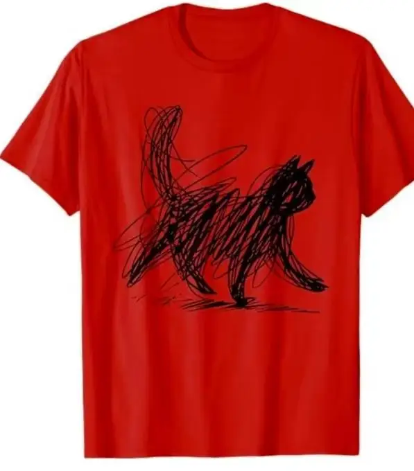 Cat Lover Women T Shirt Abstract Scribble Cat Sketch Doodle Graphic Short Sleeve Casual White Tee Tops