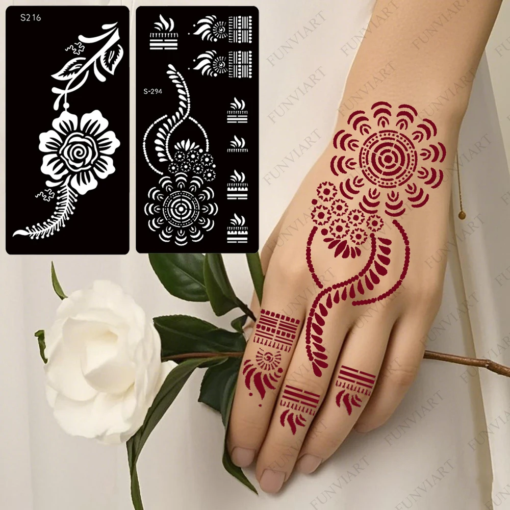

2 шт., трафареты для татуировки с цветами для женщин, ручная роспись тела, трафареты для татуировки хной, шаблон татуировки для свадьбы, инструменты для декора тела