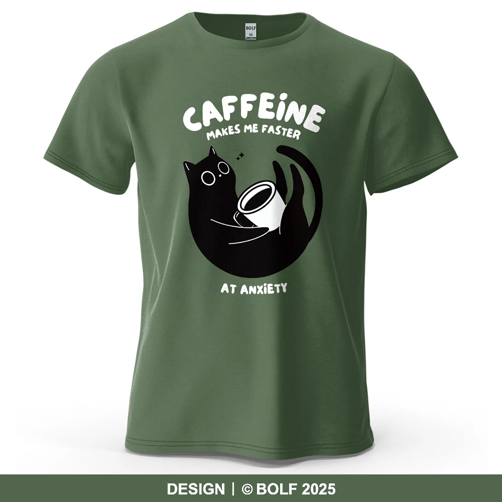 Caffeine Cat Cute Printed Men's T-Shirt 100% Cotton Oversized Relaxed Graphic Tees for Women Tops Tees Casual Streetwear