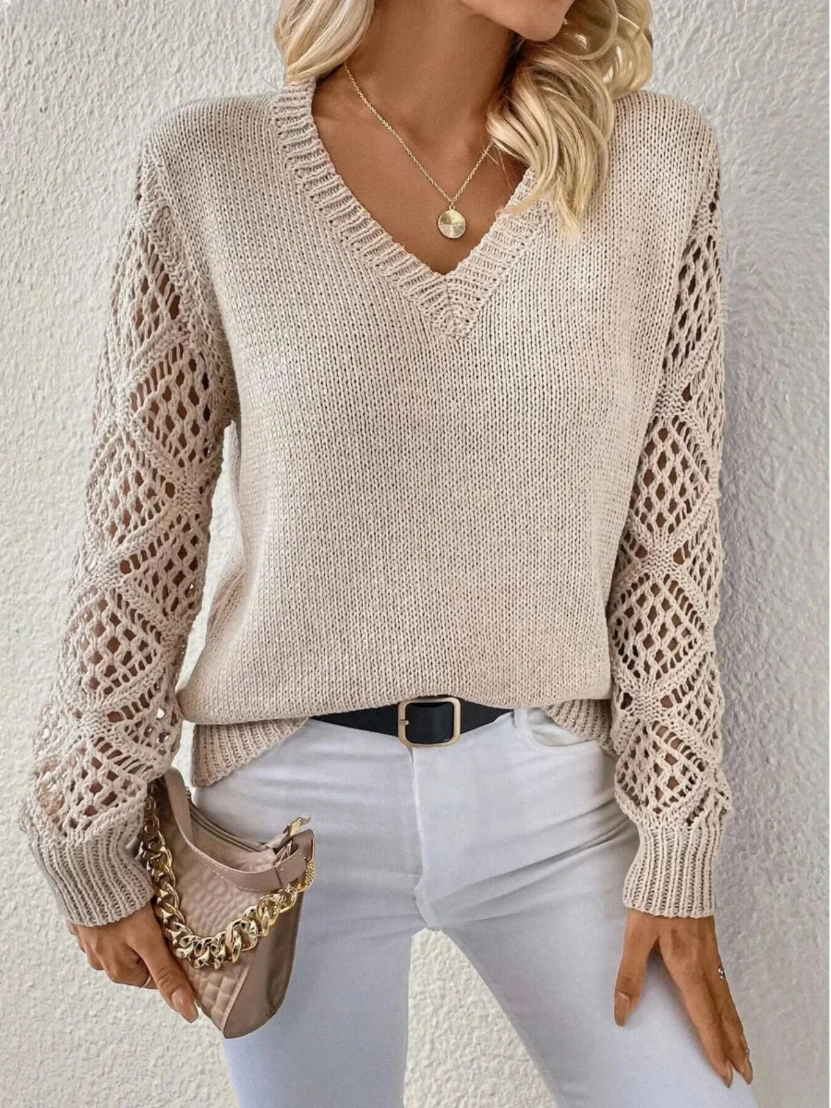 

Long Sve V Ne Sweater Hollow out Knitted Pullover Autumn Winter Street Sle Loose Fit Regular Sve Length Pure Color
