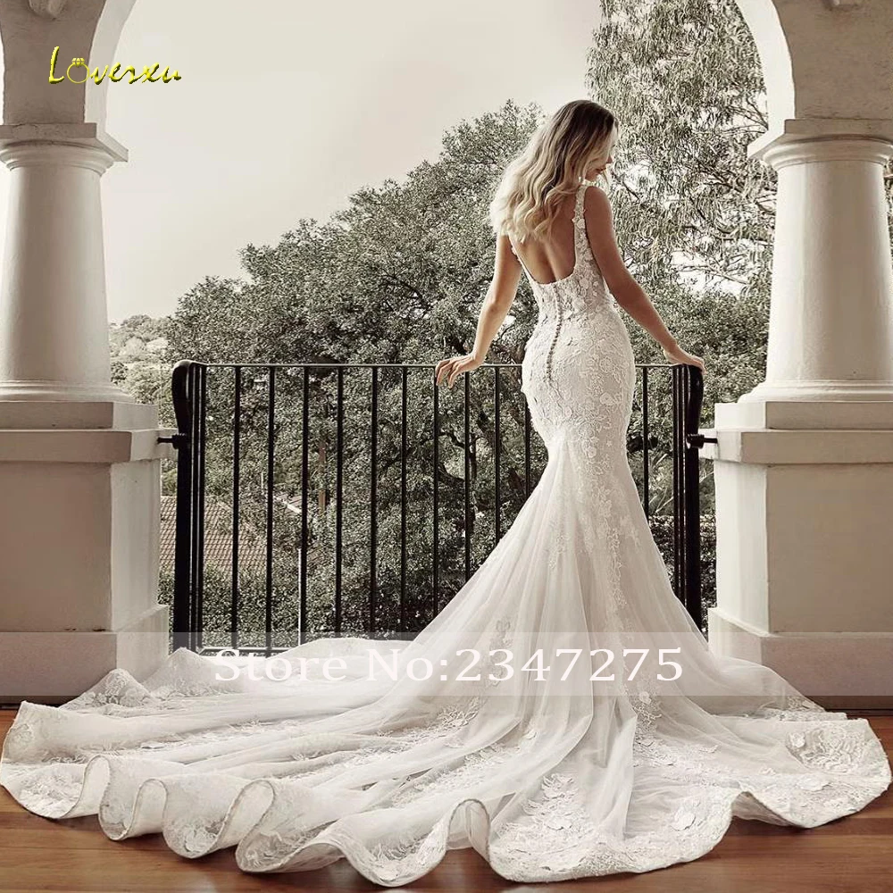 Loverxu Meerjungfrau Sexy Brautkleider Spaghetti-trägern Vestido De Novia Spitze Stickerei Abnehmbarer Zug Nach Maß Brautkleid