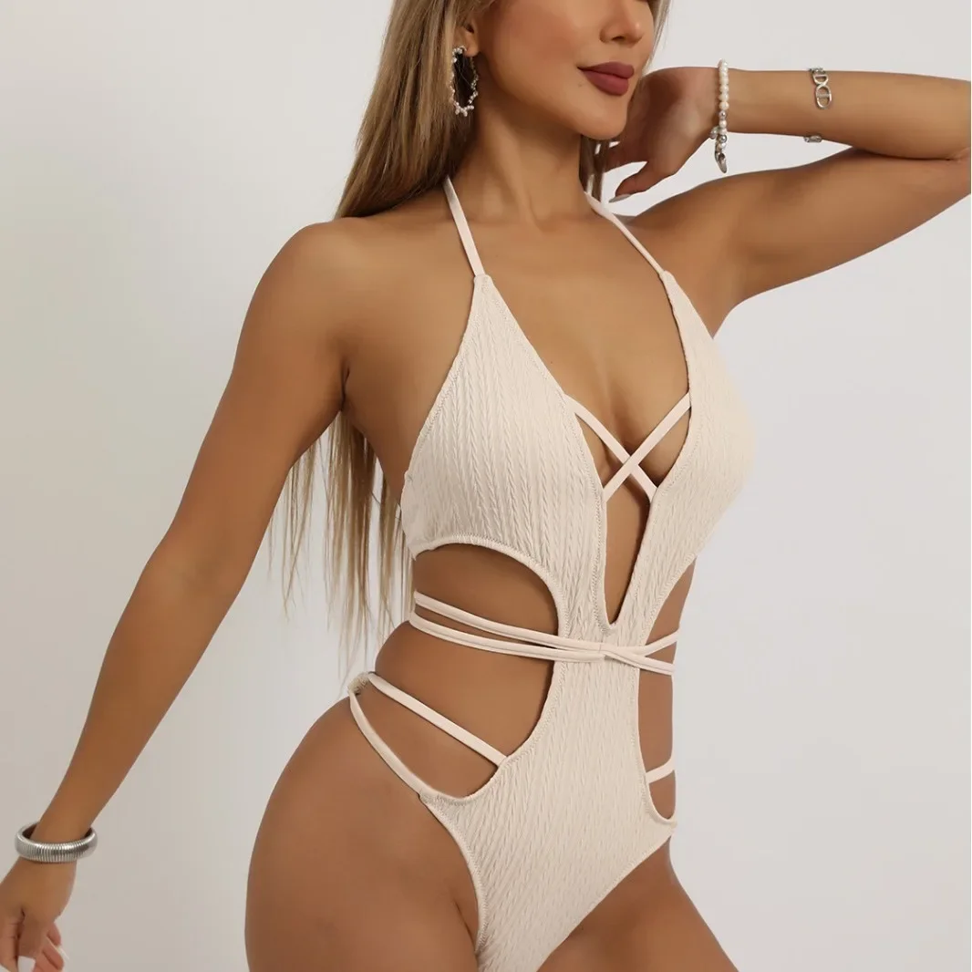 2025 nuevo traje de baño de una pieza para mujer, traje de baño Sexy con tirantes acanalados lisos, Monokini con espalda descubierta y cordones, traje de baño para playa para mujer
