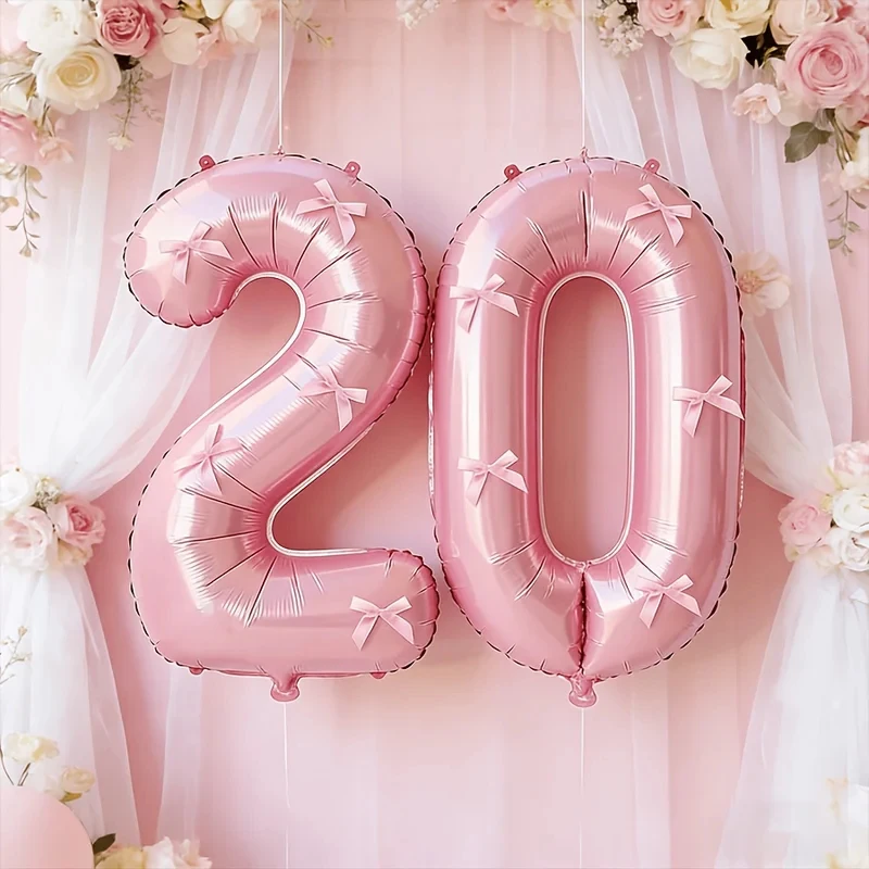 40Globo de aluminio rosa de una pulgada con forma de número，Viene con un pequeño lazo rosa.，Adecuado para fiestas de cumpleaños、Decoración de Fiesta、Celebración de Aniversario、Celebración navideña、Globos decorativos