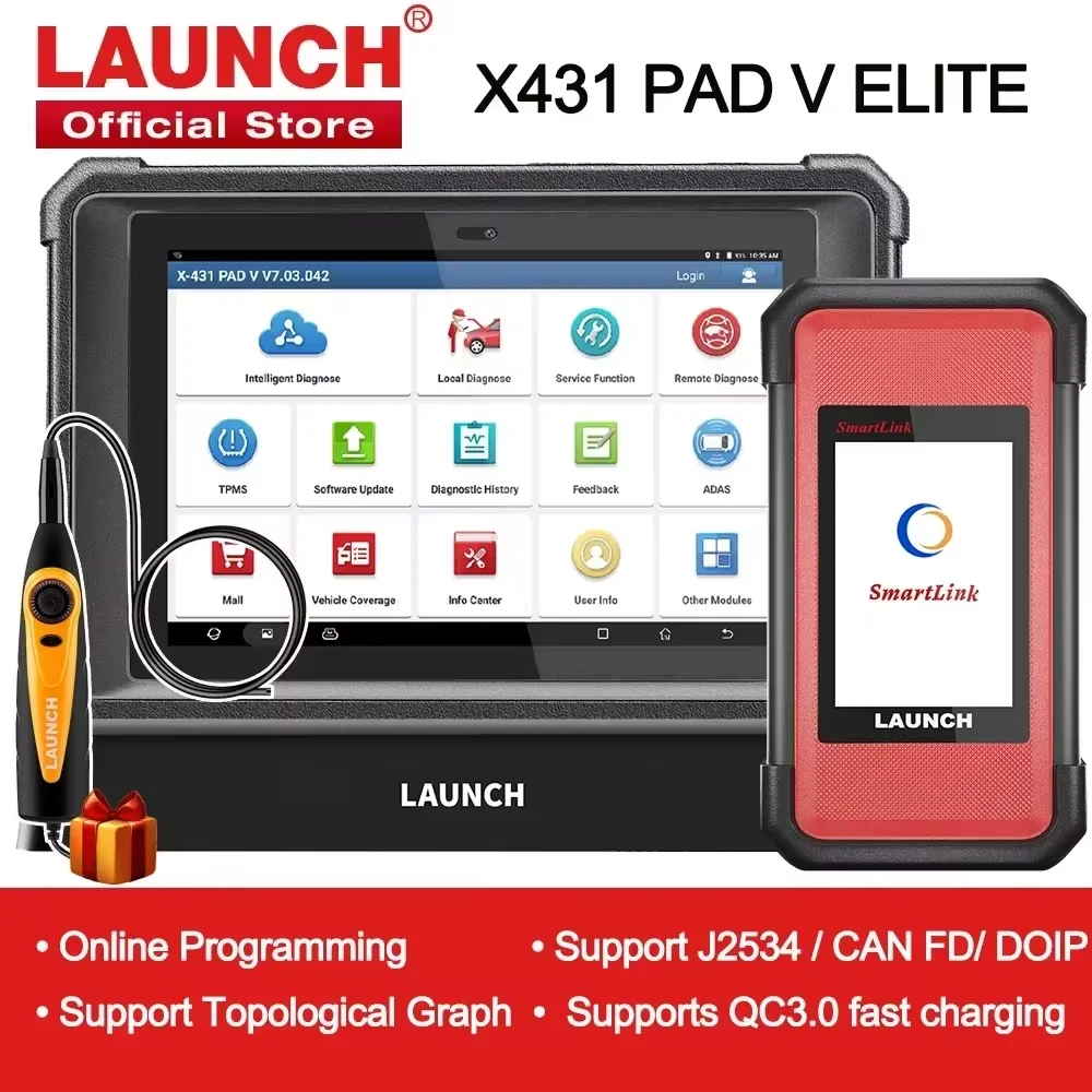 LAUNCH X431 PAD V ELITE SmartLink C 10.1' Car Diagnostic Tools J2534 CAN FD Online ECU Programming Coding Auto OBD OBD2 Scanner