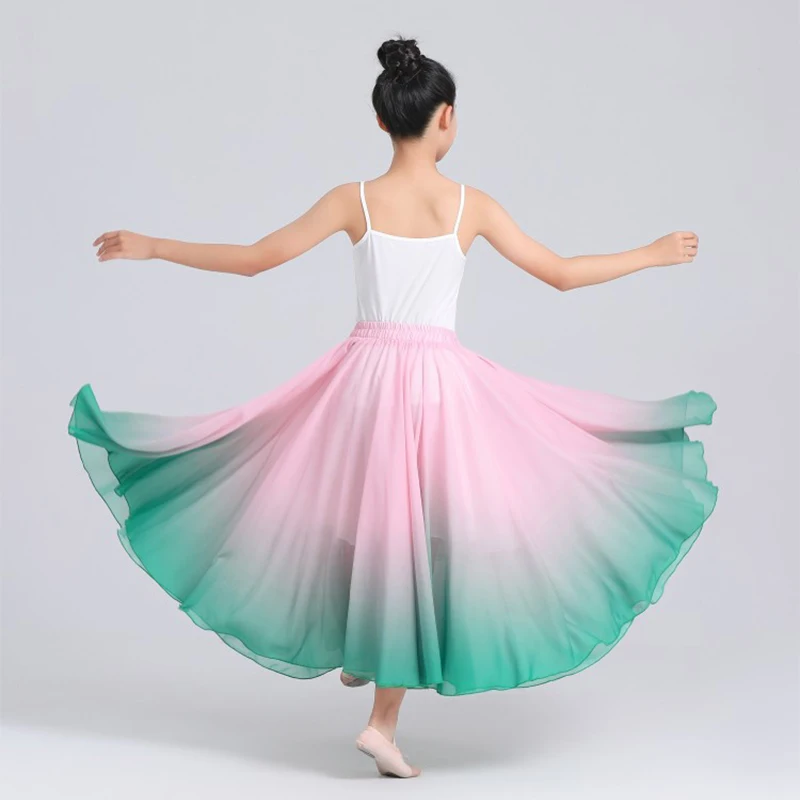 Women Girls Classical Dance Skirts 720 Degree Chiffon Elegant Gradient Color Modern Dance Skirts Practice Performance Costume