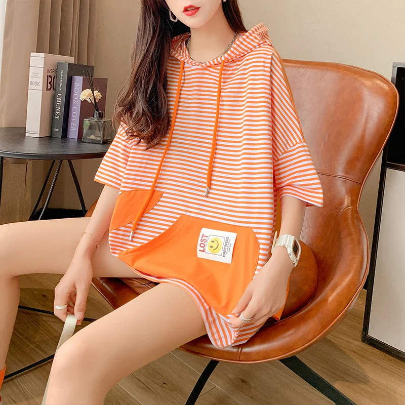 #0625 Spliced Color Hooded T Shirt For Women Loose Front Pockets Long T Shirt Female Cute Striped T Shirts Female Short Sleeves