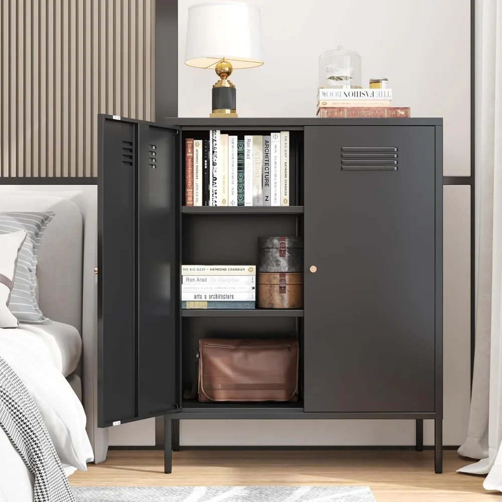 خزانة تخزين معدنية لغرفة النوم، غرفة المعيشة، المنزل، الفندق، المكتب، المرآب، 3 طبقات، رفوف قابلة للإزالة (2 باب معدني H40.15 بوصة