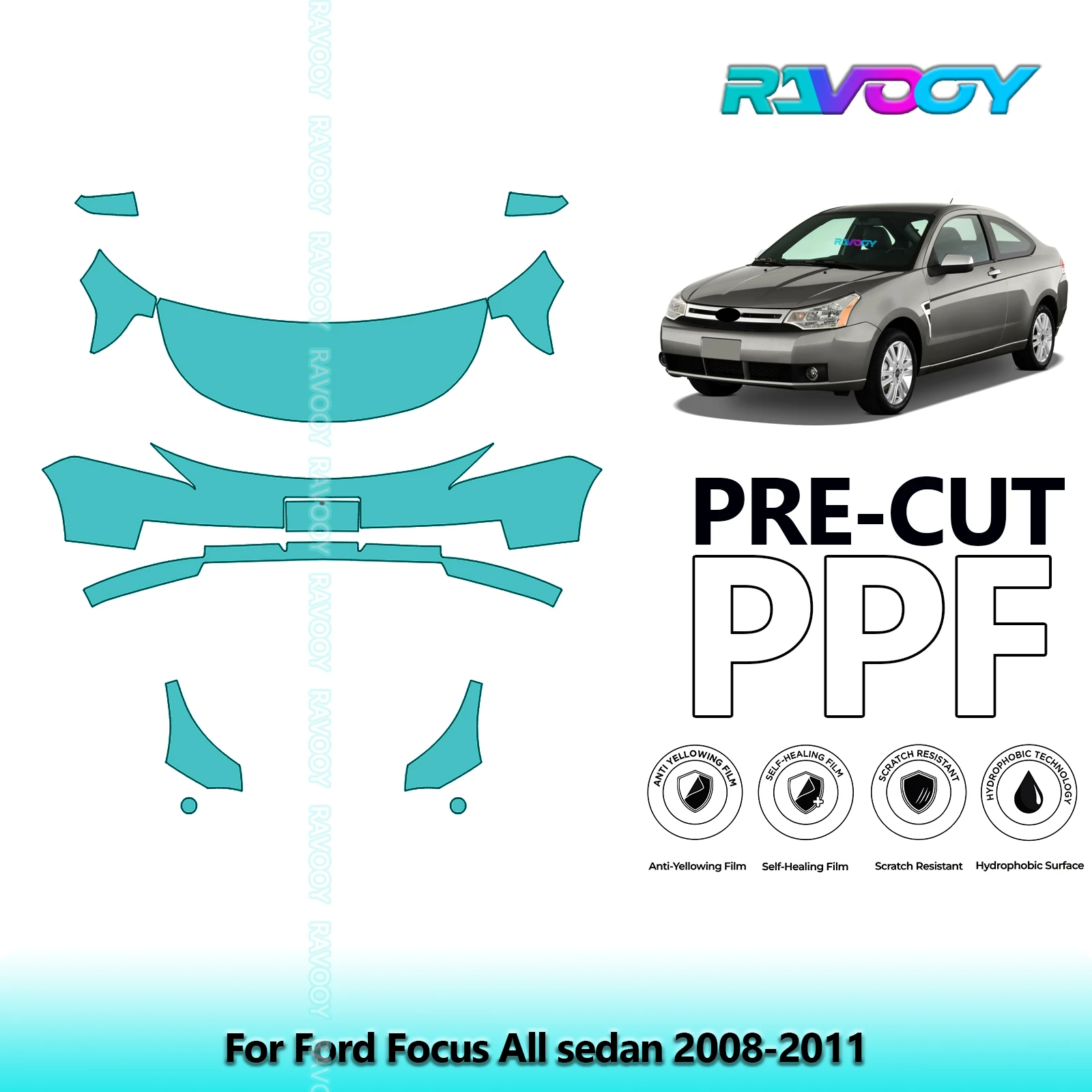 For Ford Focus All sedan 2008-2011 Partial Front 8.5Mil Pre-Cut Paint Protection Film PPF Stone Chip Kit | Clear/Matte/Black