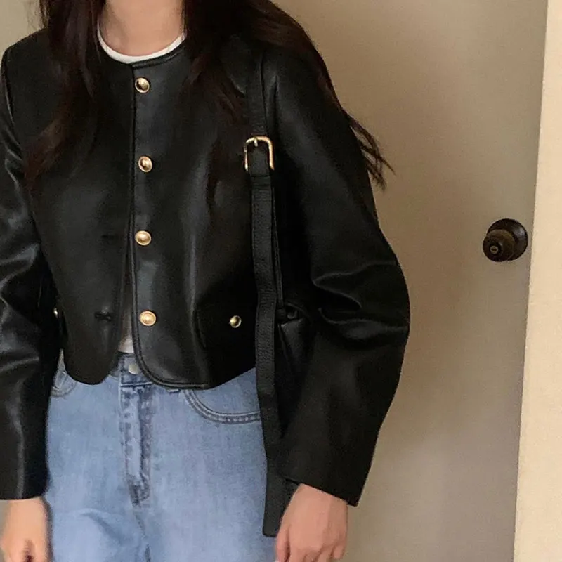 Vestes en cuir à simple boutonnage pour femmes, manteau court à manches longues, streetwear chic coréen, vintage, col rond, printemps, décontracté