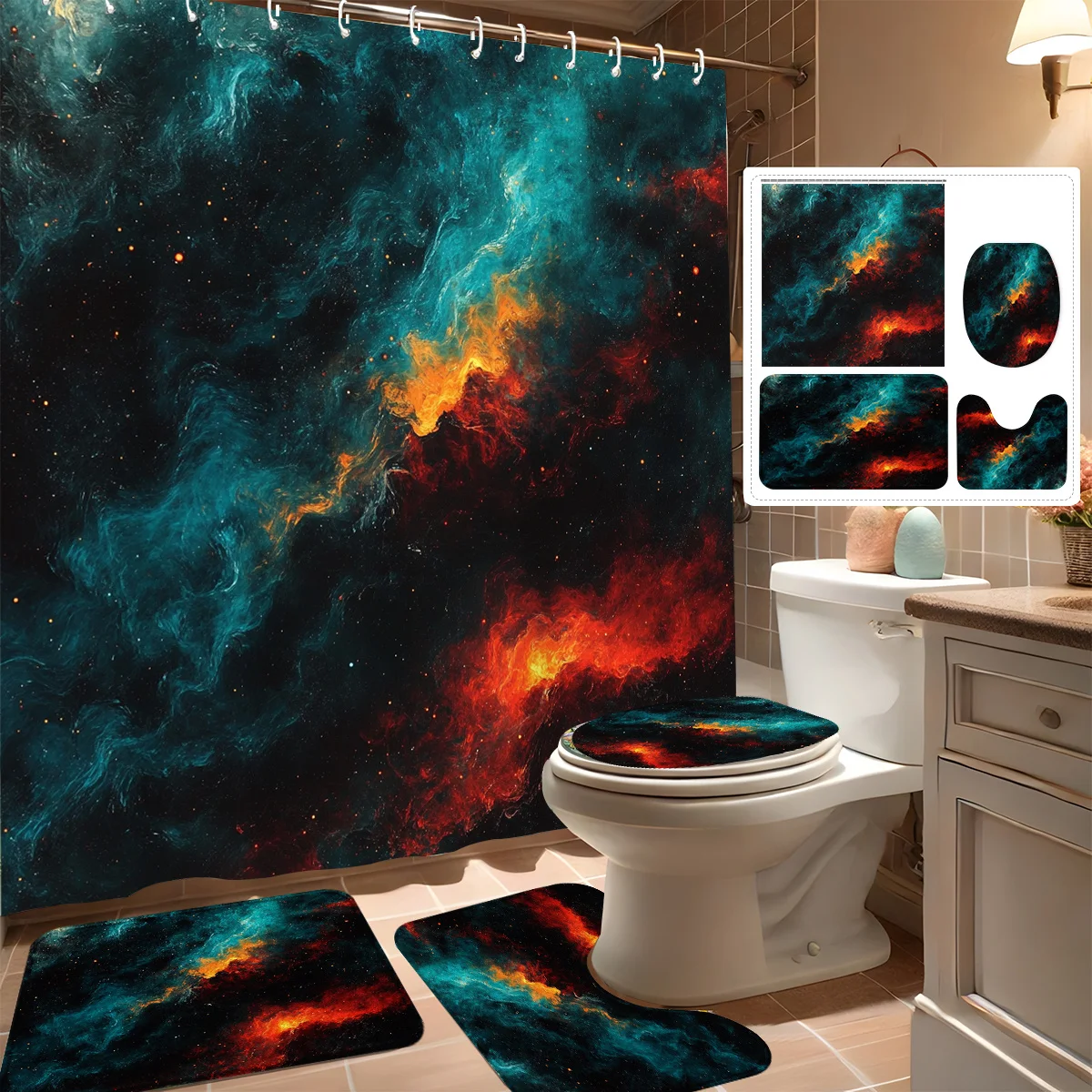 

Набор занавесок для душа из 4 предметов, абстрактный дизайн туманности, современный декор для ванной комнаты, в комплект входит 12 крючков, нескользящий коврик для ванной, U-образный туалет