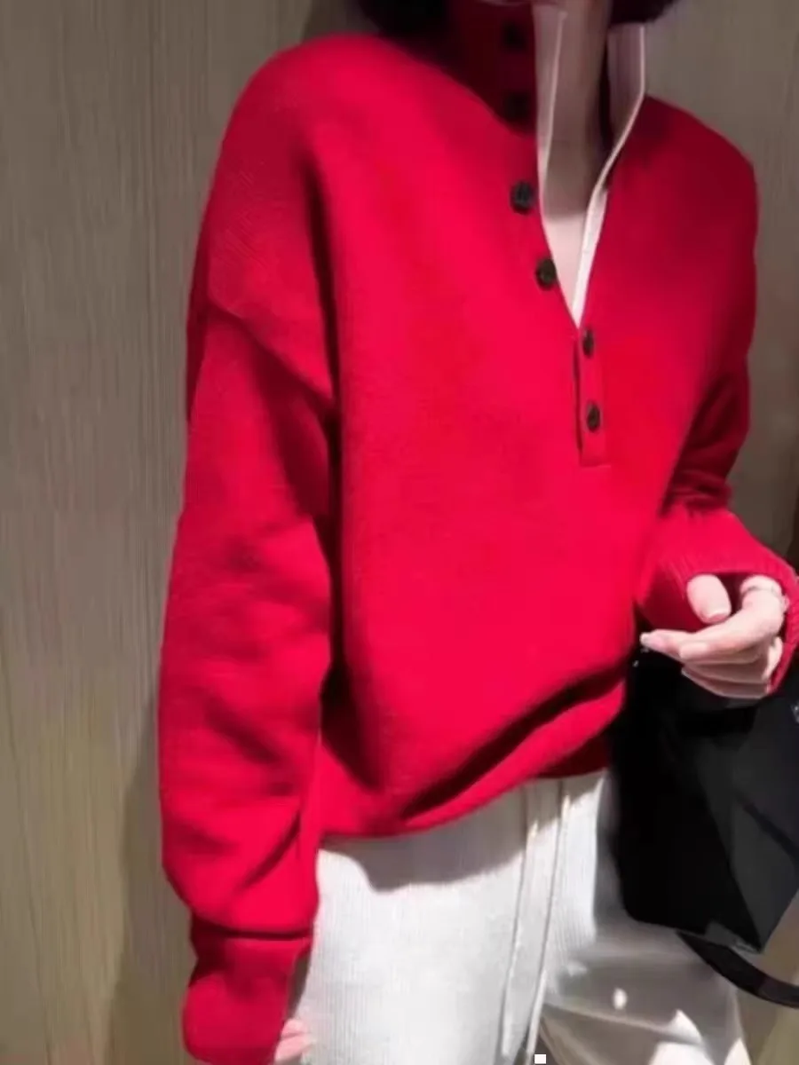 Half open collar fake two 100 pure cashmere sweater women\'s autumn and winter loose knit woolen pullover sweater