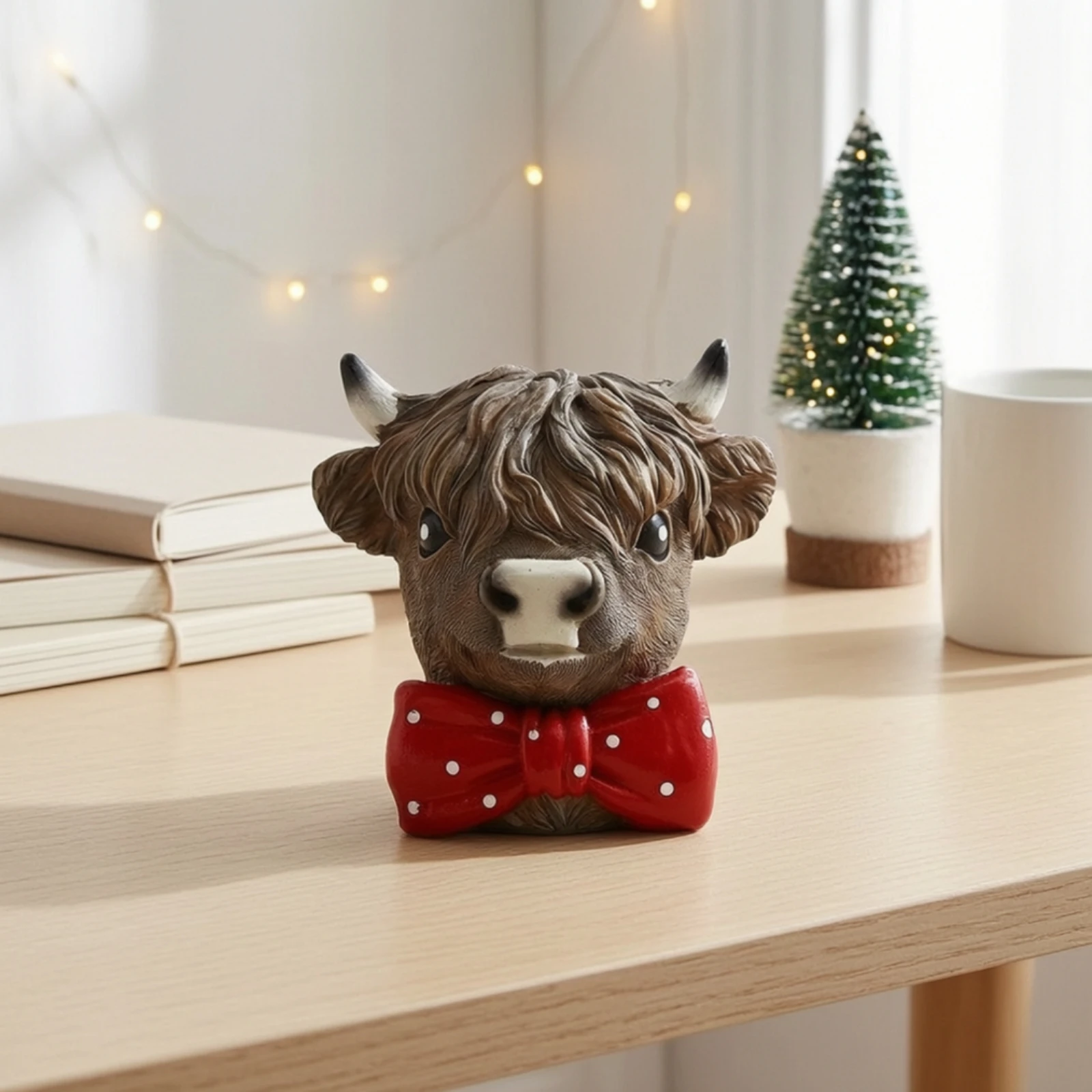 Bison Head Bust Textured Bison Statue with Bow Tie Highland Cow Figurine Adorable Compact for Homeowners, Shelf, Living Room