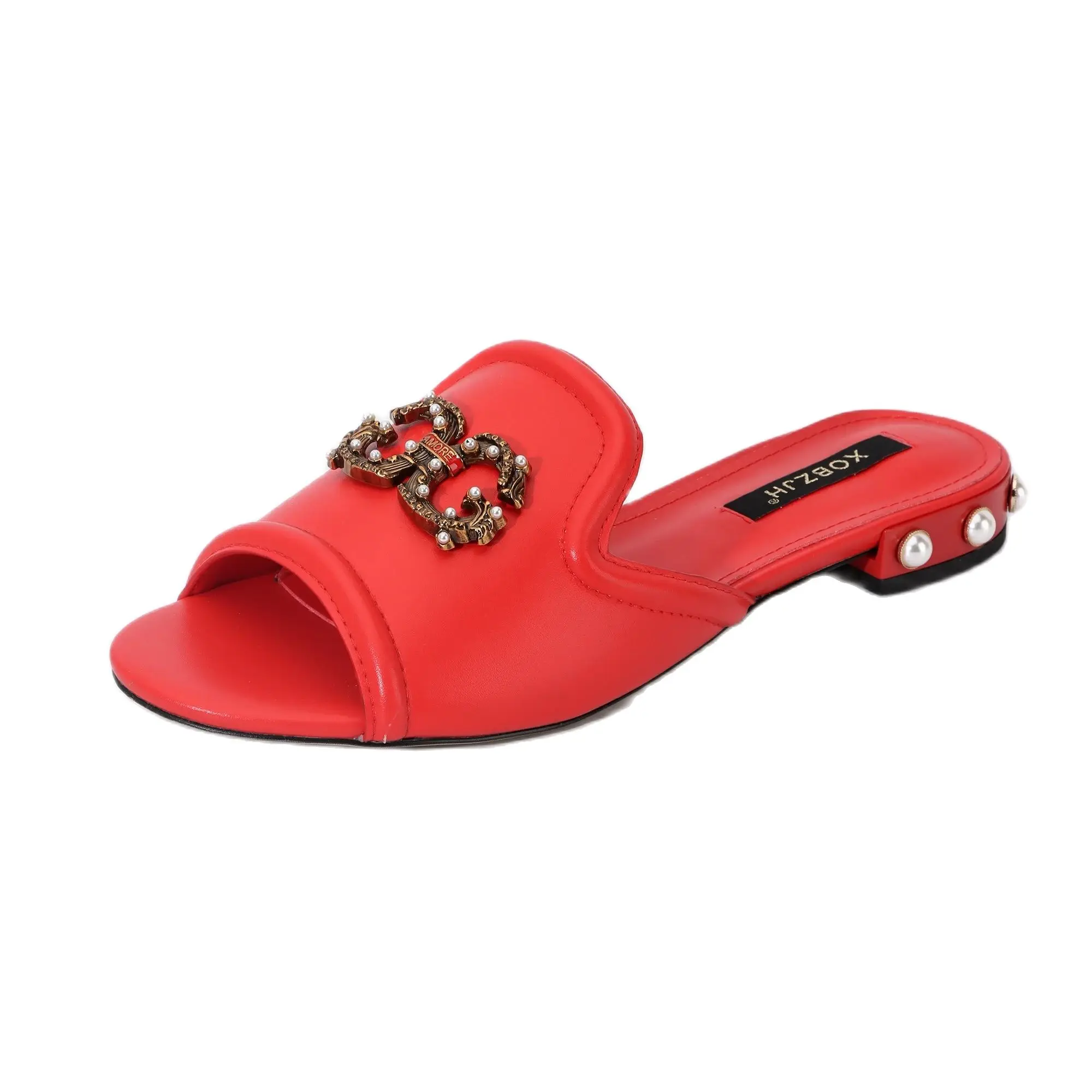 Top Quality 2023 Summer Fashion Design Women Flat Sandals Ladies\'s Beach Shoes Red Color Rhinestone Mules Slippers Plus size 43